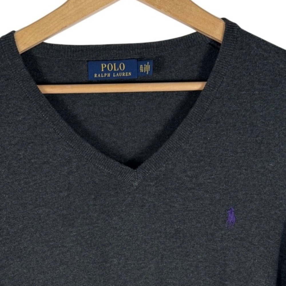 Polo Ralph Lauren Pima Cotton V-Neck Sweater Charcoal Grey Mens XL Purple Pony